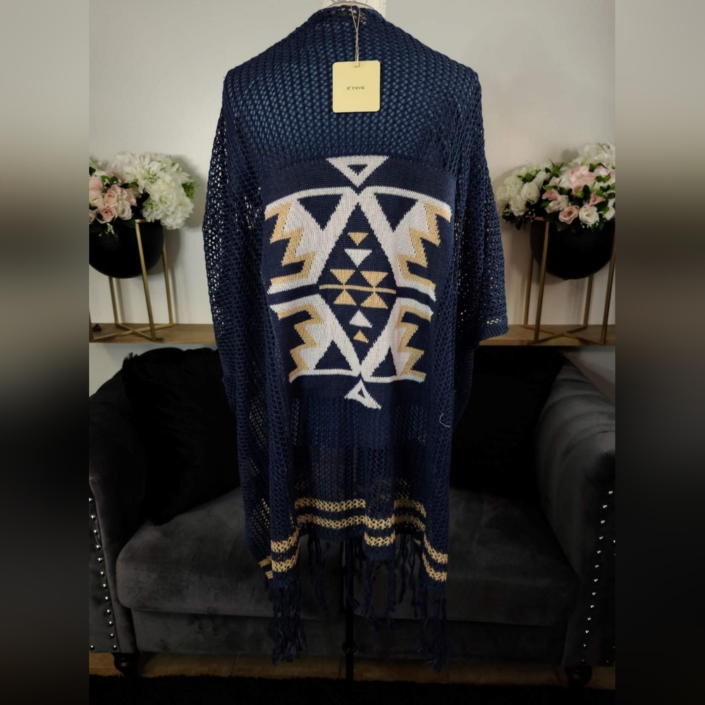 A Reve Boho Aztec Open Knit Fringed Open Cardigan Kimono - Picture 8 of 8